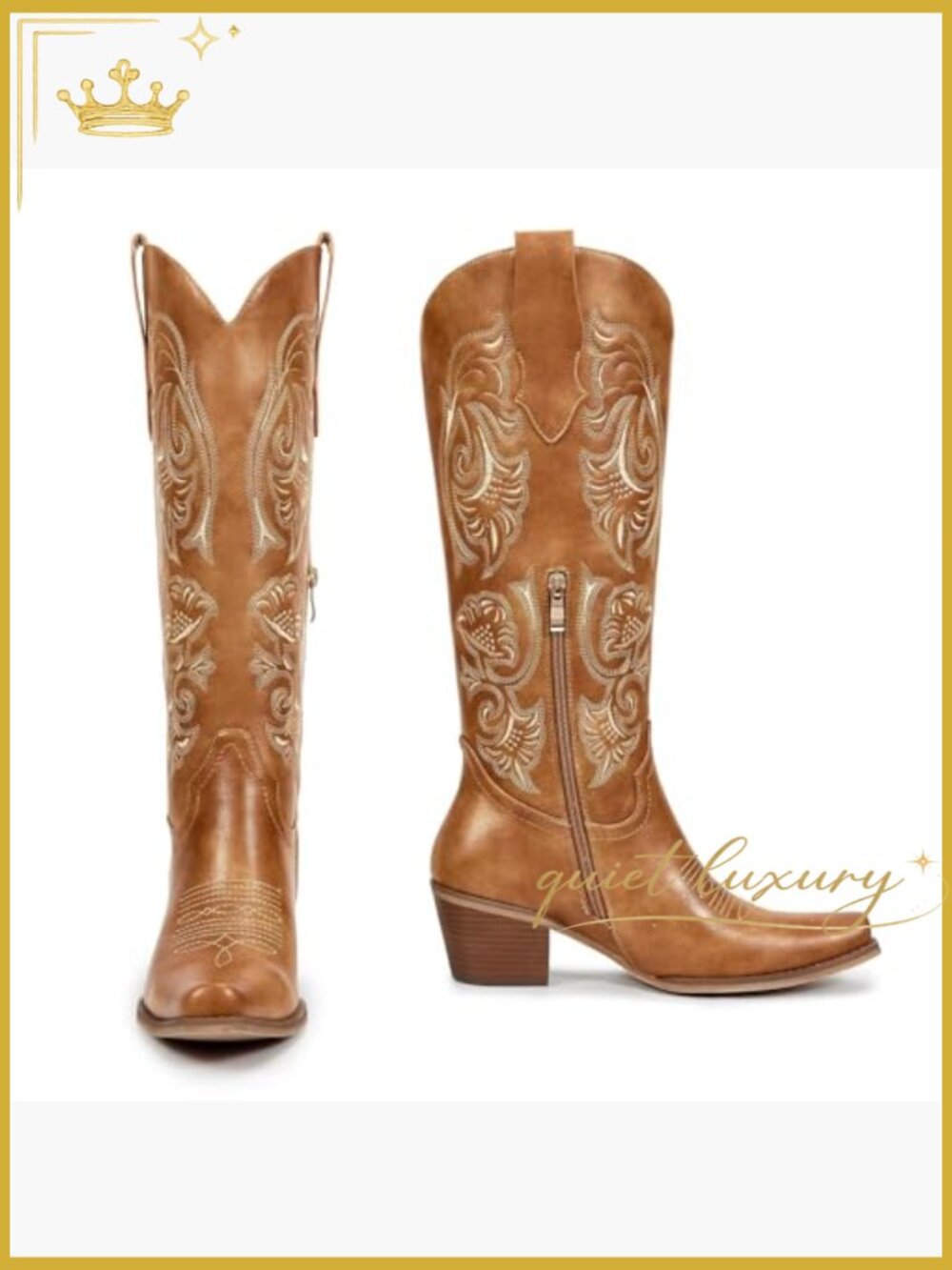 Cowboy Boots - Floral Embroidered Pointed Toe Chunky Heel Side Zipper Knee High - Picture 4 of 7